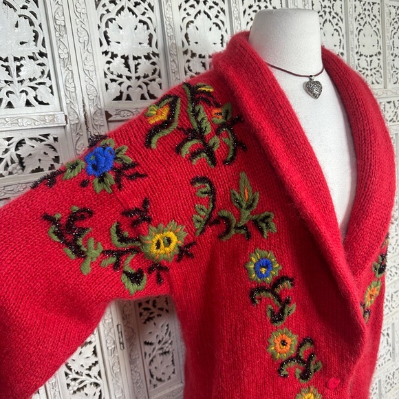 Vintage Cervelle Red Embroidered Wool Blend Chunky Oversized Longline Cardigan - Picture 3 of 8